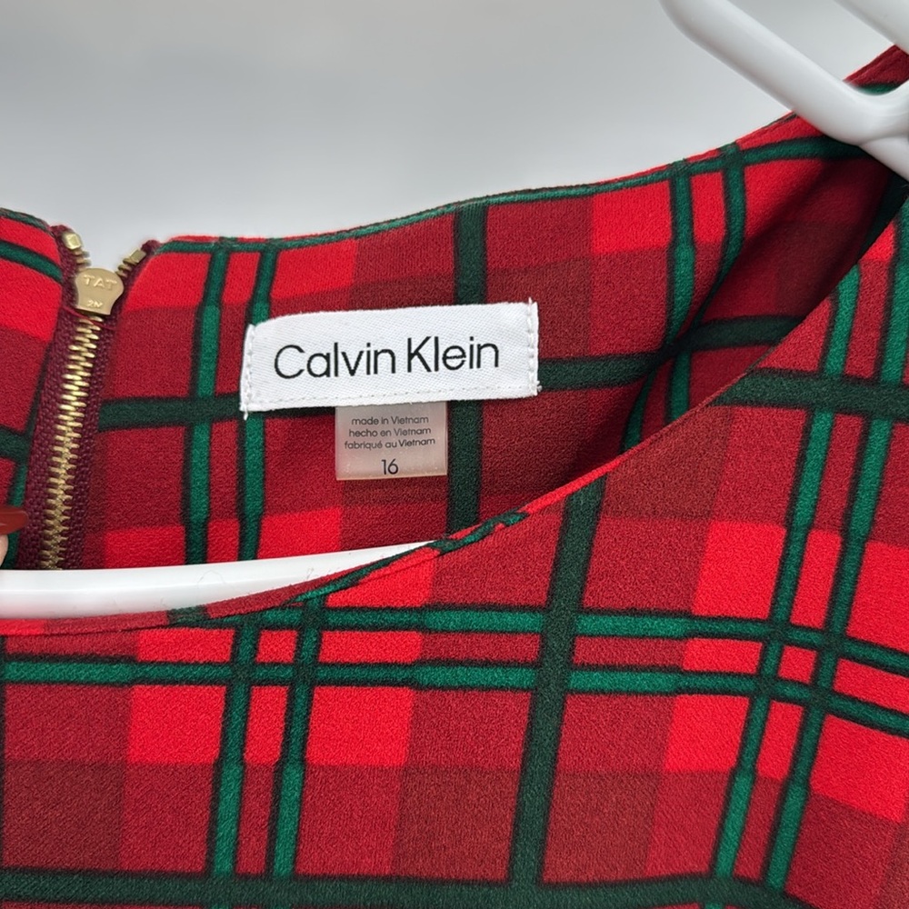 Calvin Klein Red and Green Plaid Midi Dress 3/4 sleeve puff shoulder holiday 16 - Picture 9 of 12
